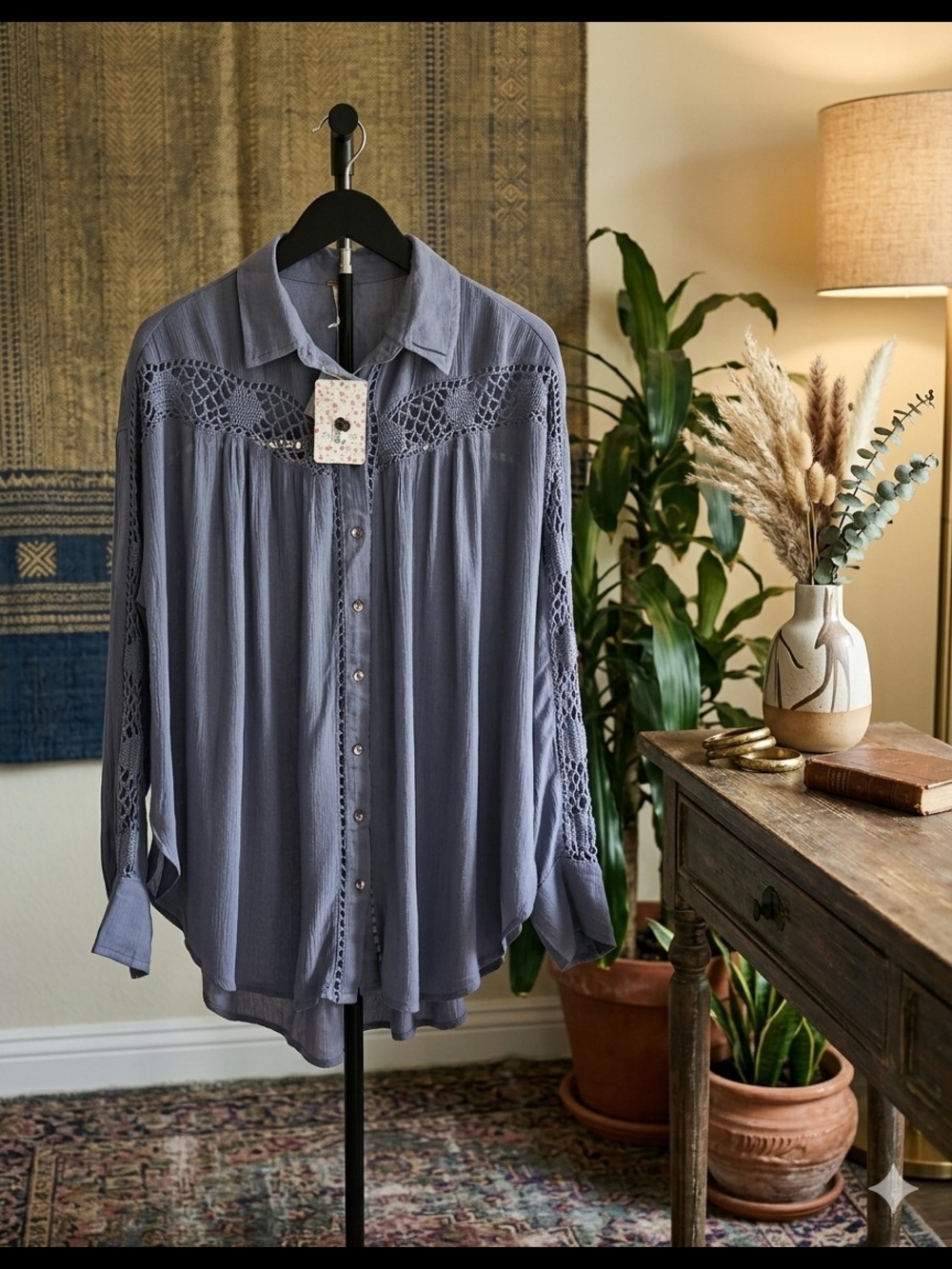 NWT Free People Blue Crochet Inset Button Down Gauze Blouse Boho Top Size S - Picture 2 of 14